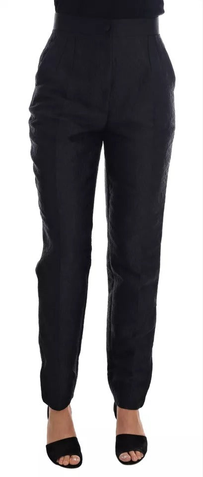 Dolce & Gabbana Zwarte Gebloemde Brokaat Broek met Hoge Taille