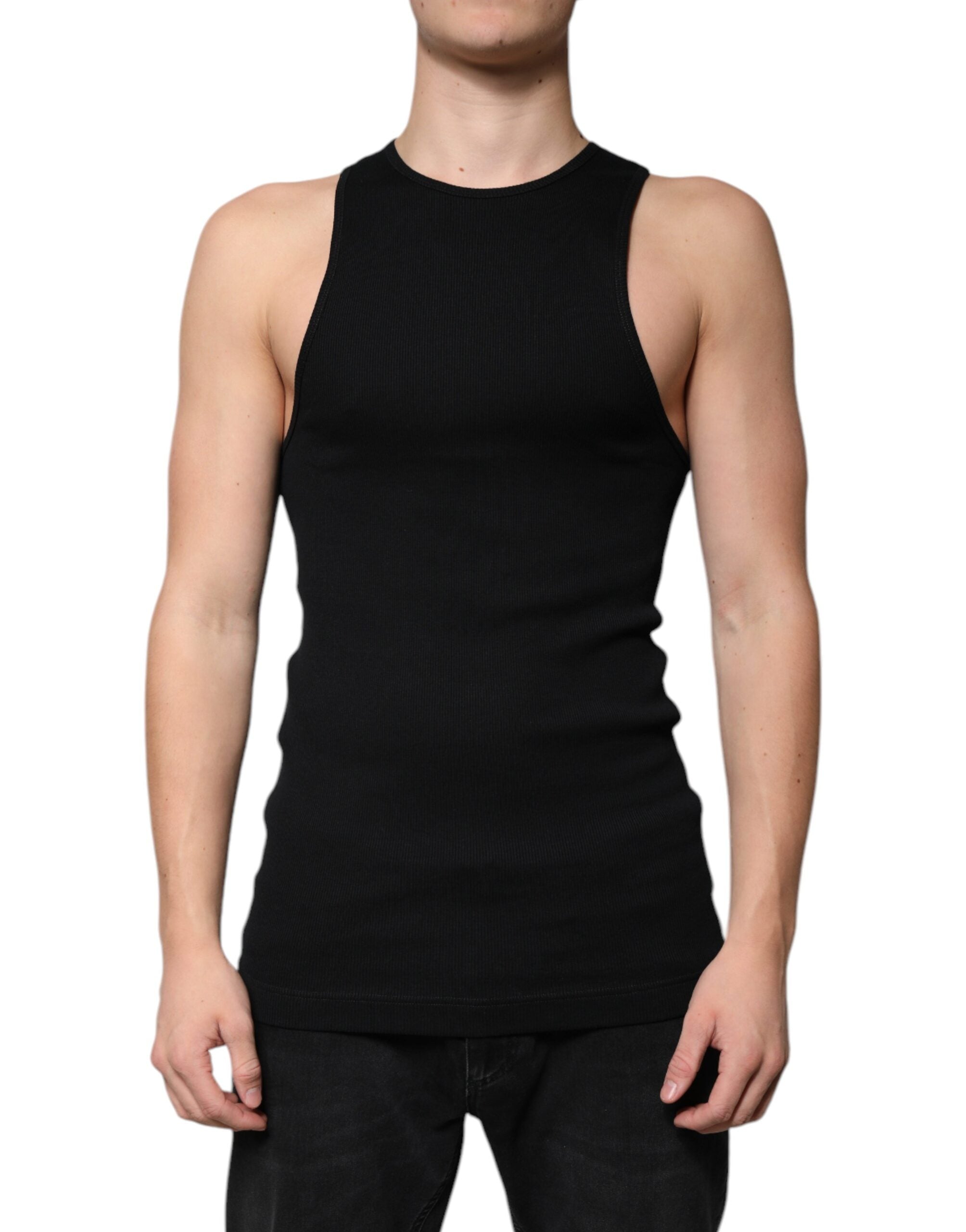 Dolce & Gabbana Schwarzes ärmelloses Baumwoll-Tank-Top mit Rundhalsausschnitt