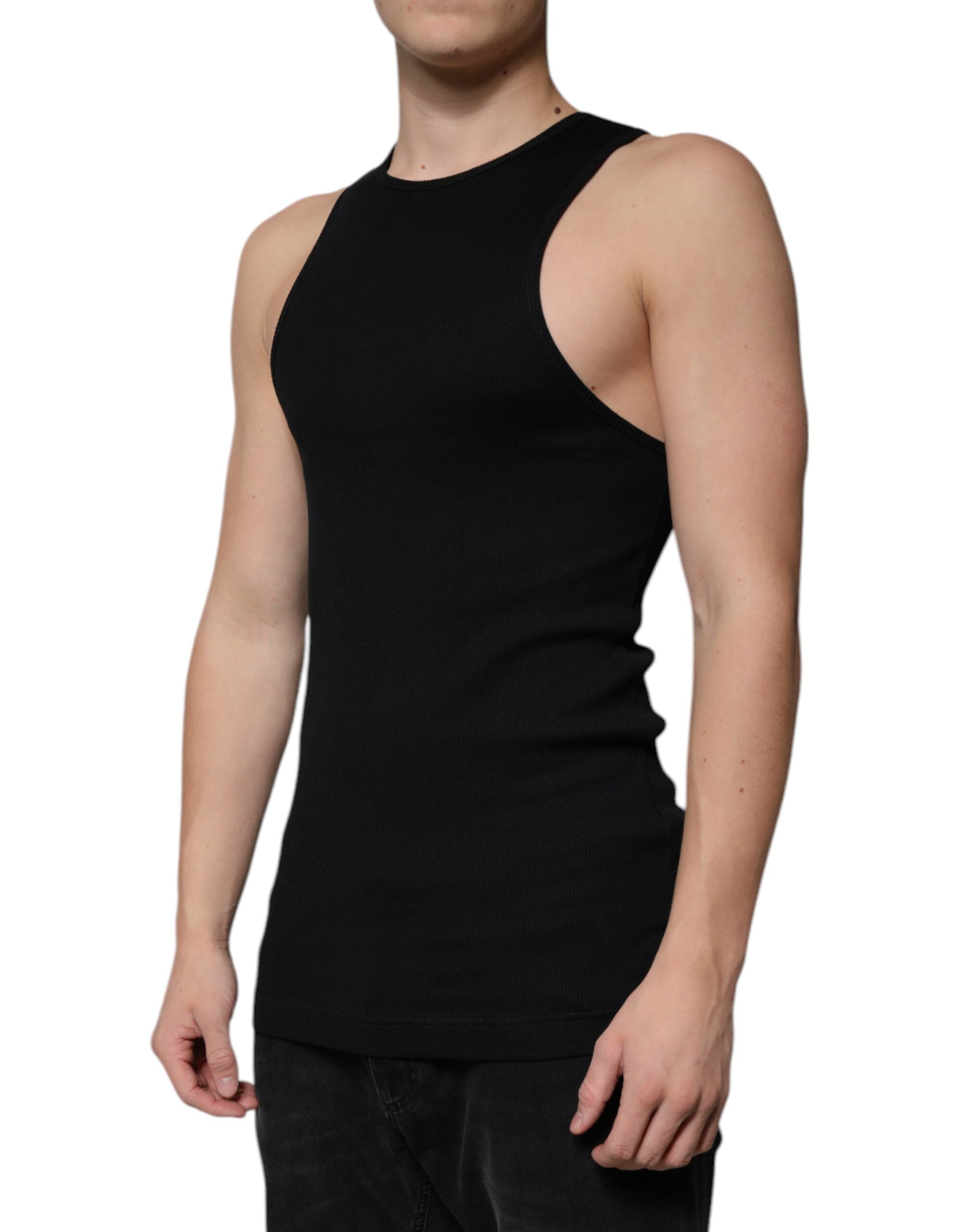 Dolce & Gabbana Schwarzes ärmelloses Baumwoll-Tank-Top mit Rundhalsausschnitt
