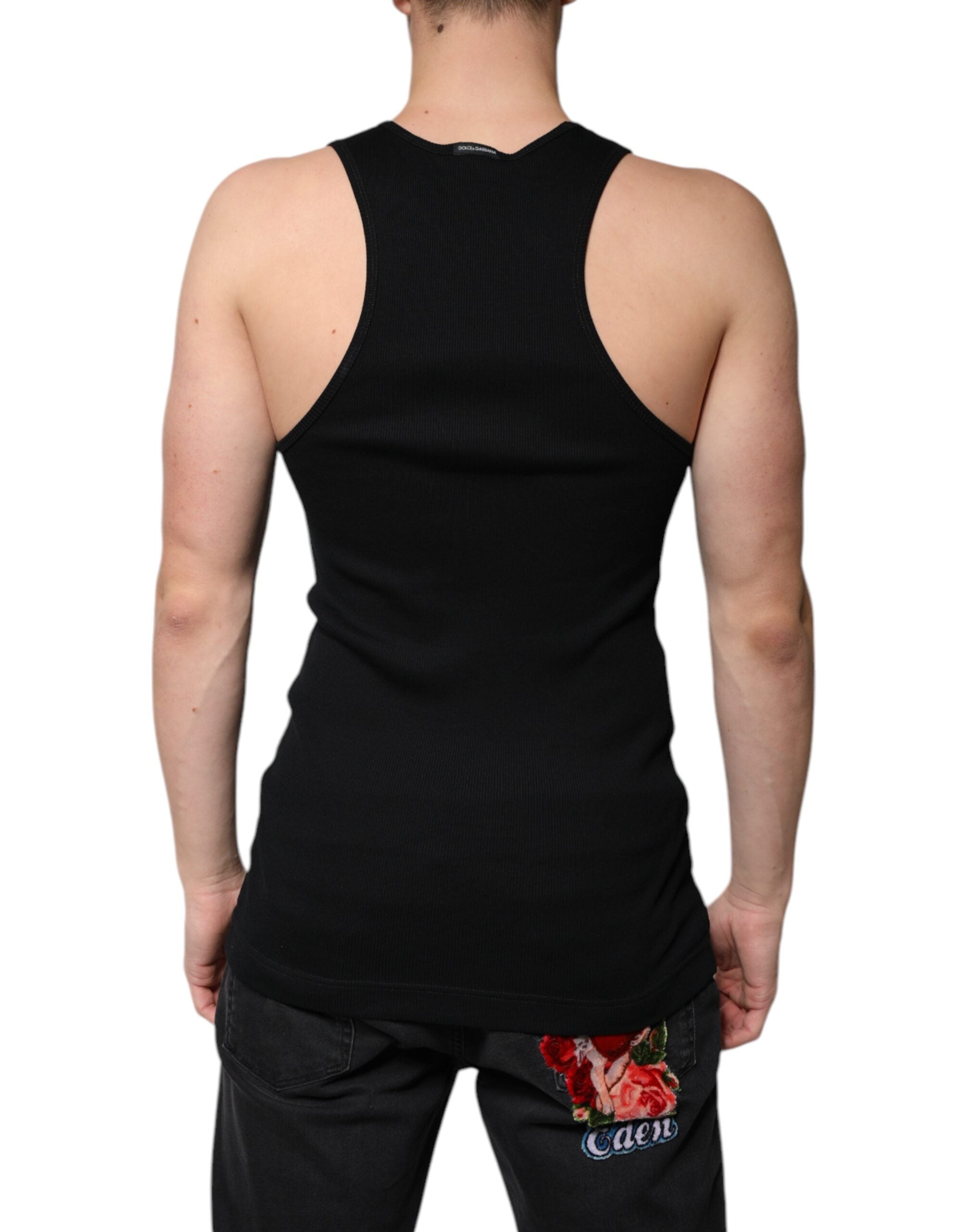 Dolce & Gabbana Schwarzes ärmelloses Baumwoll-Tank-Top mit Rundhalsausschnitt