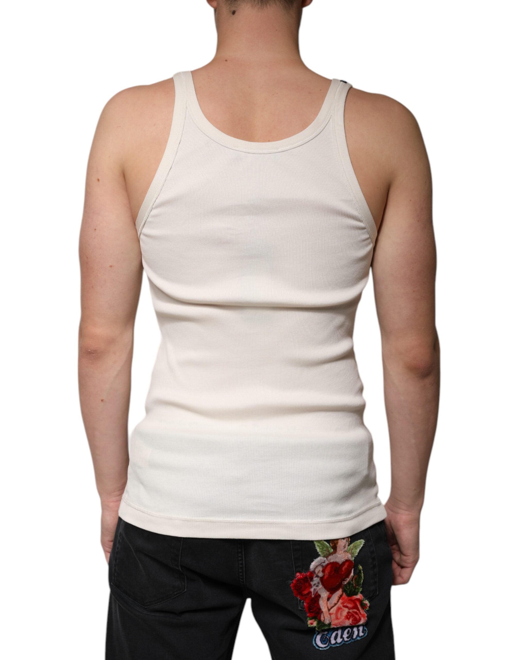 Dolce & Gabbana Off-White Baumwoll-Tanktop ohne Ärmel mit Rundhalsausschnitt