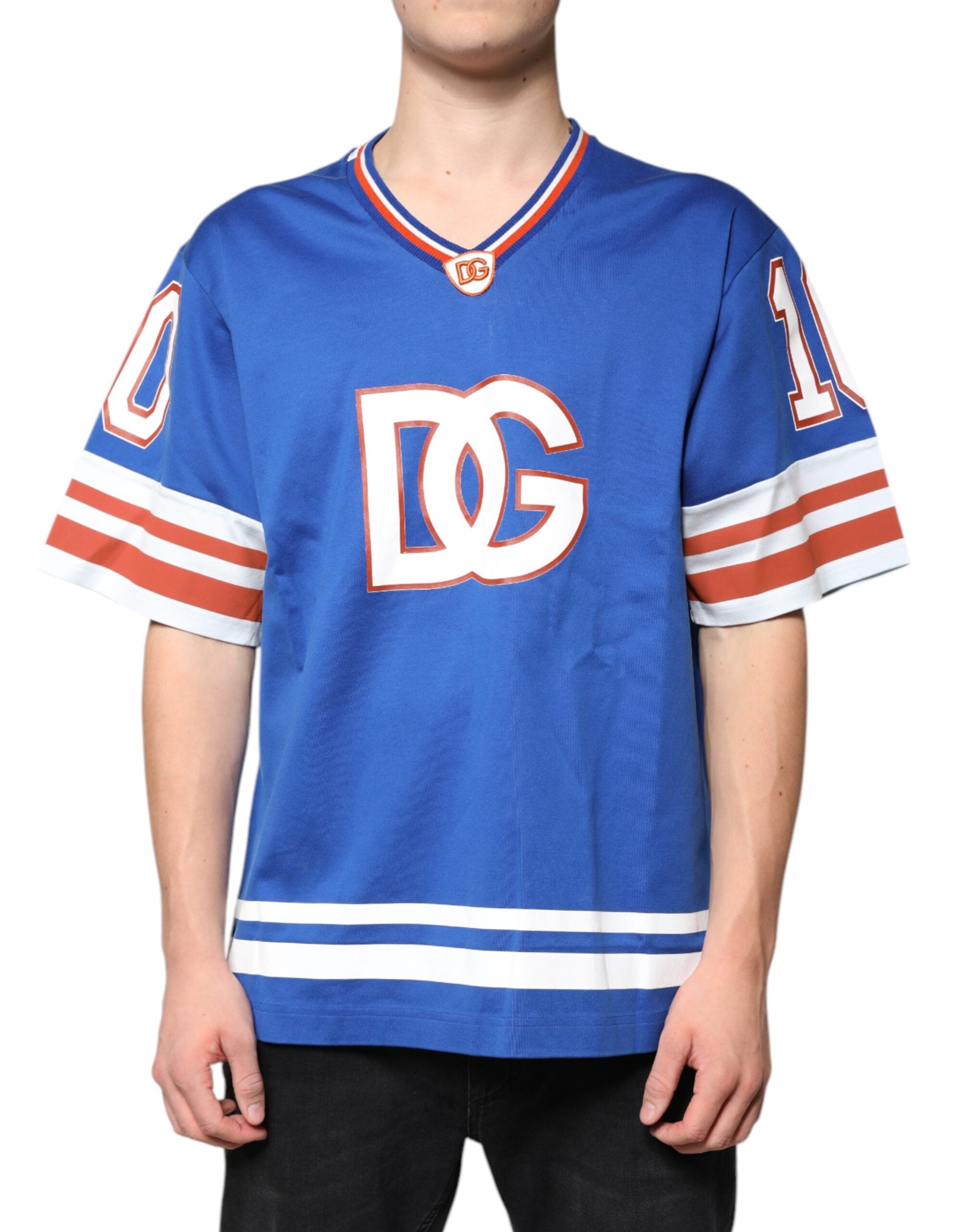 Dolce & Gabbana Blaues Logo V-Ausschnitt Kurzarm-T-Shirt