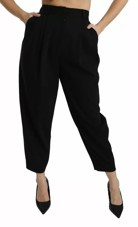Dolce & Gabbana Schwarze High-Waist-Hose aus Wolle mit Bundfalten, Cropped