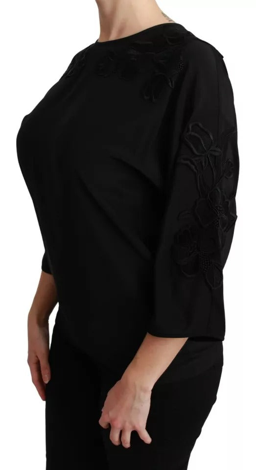 Dolce & Gabbana Schwarze Bluse mit Blumenstickerei Seidentop