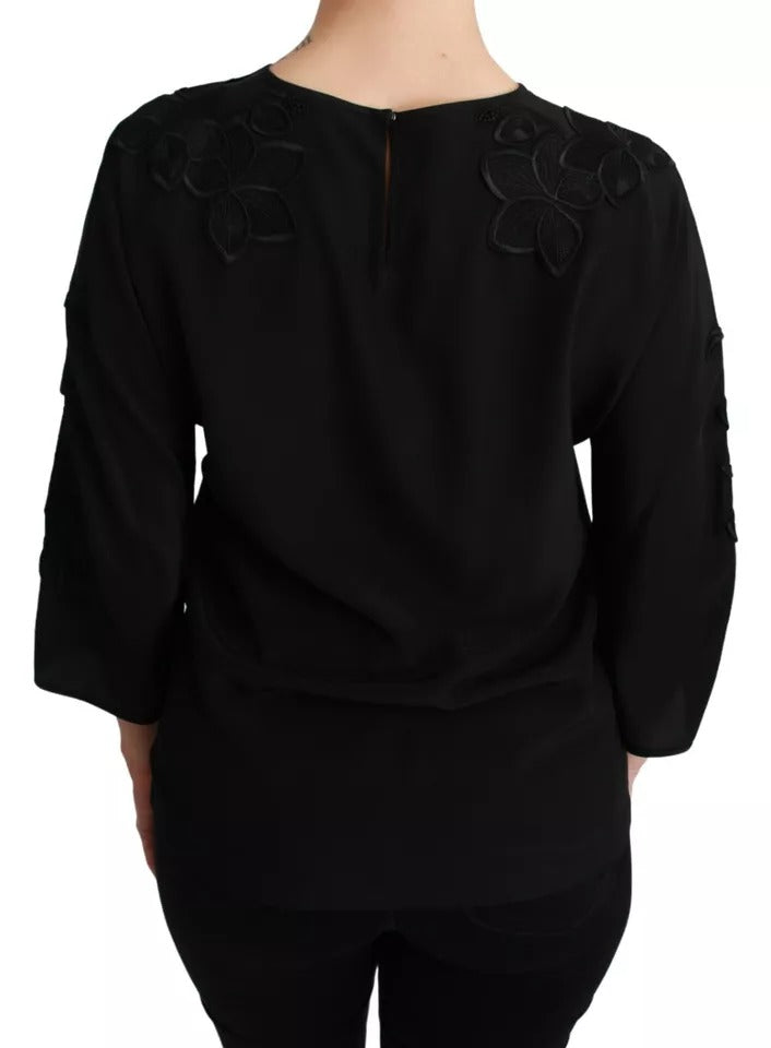 Dolce & Gabbana Schwarze Bluse mit Blumenstickerei Seidentop