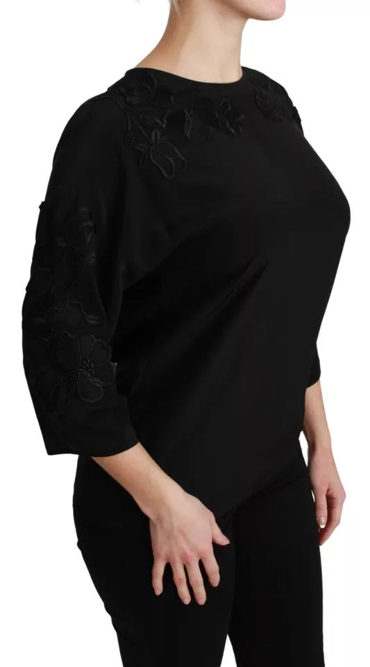 Dolce & Gabbana Schwarze Bluse mit Blumenstickerei Seidentop