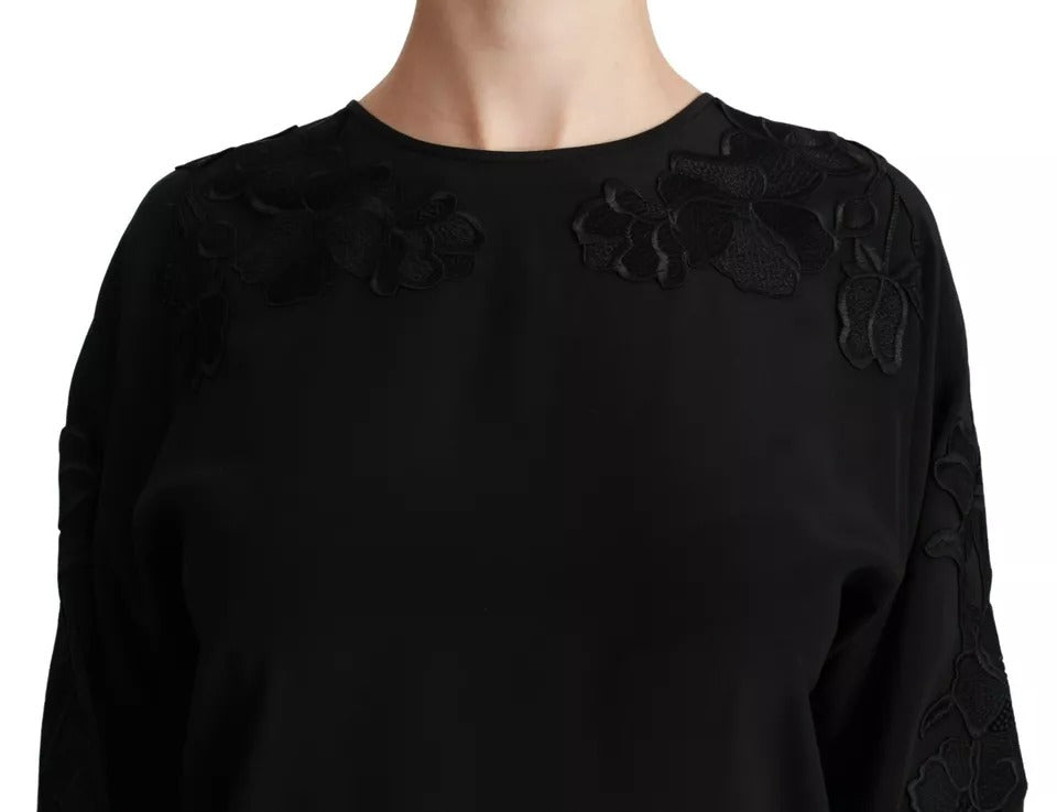 Dolce & Gabbana Schwarze Bluse mit Blumenstickerei Seidentop