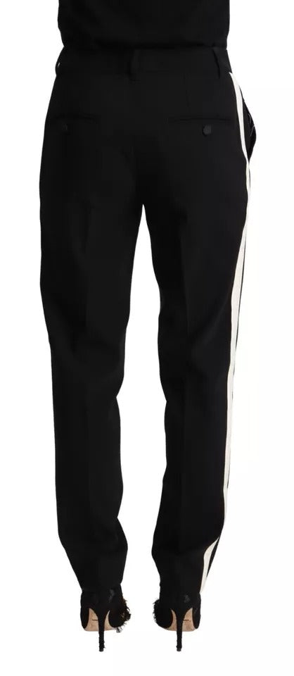 Dolce & Gabbana Schwarze Hose mit weißen Streifen aus Wolle und konischem Bein