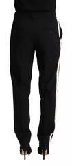 Dolce & Gabbana Schwarze Hose mit weißen Streifen aus Wolle und konischem Bein