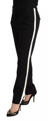 Dolce & Gabbana Schwarze Hose mit weißen Streifen aus Wolle und konischem Bein