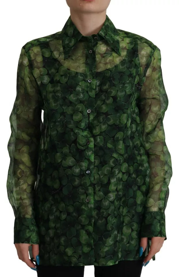 Dolce & Gabbana Grüne Bluse mit Kleeblatt-Print und langen Ärmeln mit Kragen