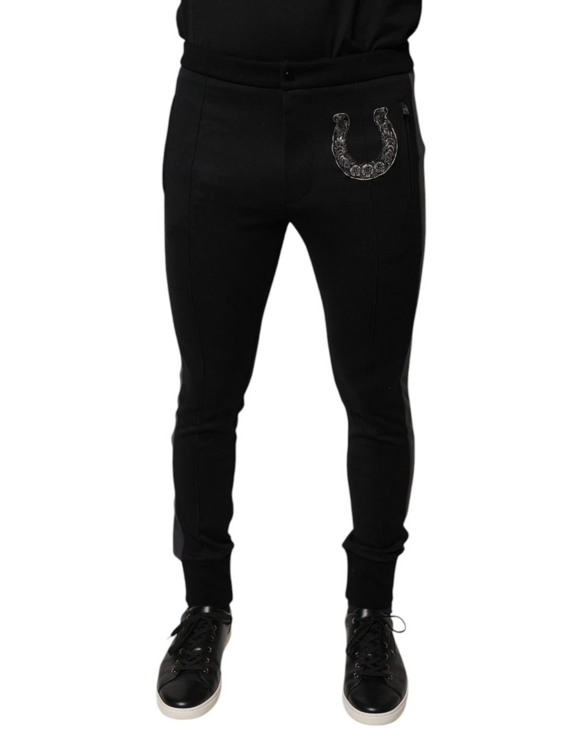 Dolce &amp; Gabbana – Schwarze Slim-Fit-Hose aus Wolle mit Hufeisenverzierung