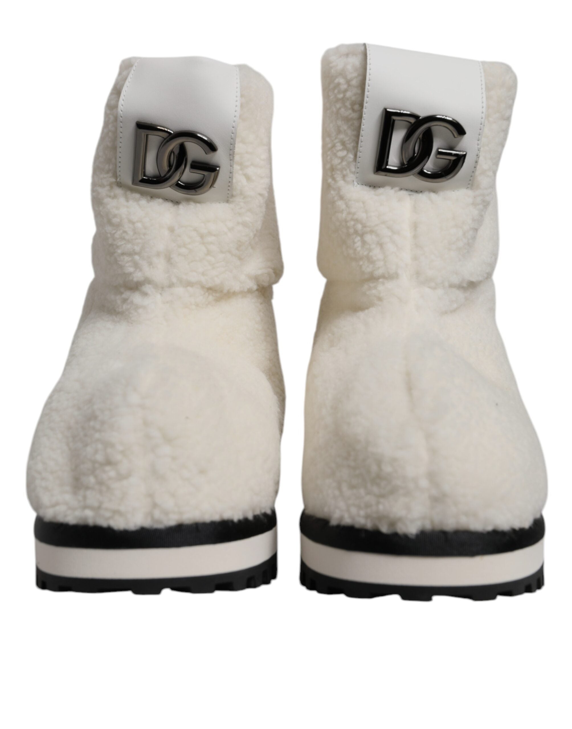 Dolce & Gabbana Weiße Plüsch-Logo Gepolsterte Wadenhohe Stiefel Schuhe