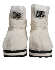 Dolce & Gabbana Weiße Plüsch-Logo Gepolsterte Wadenhohe Stiefel Schuhe