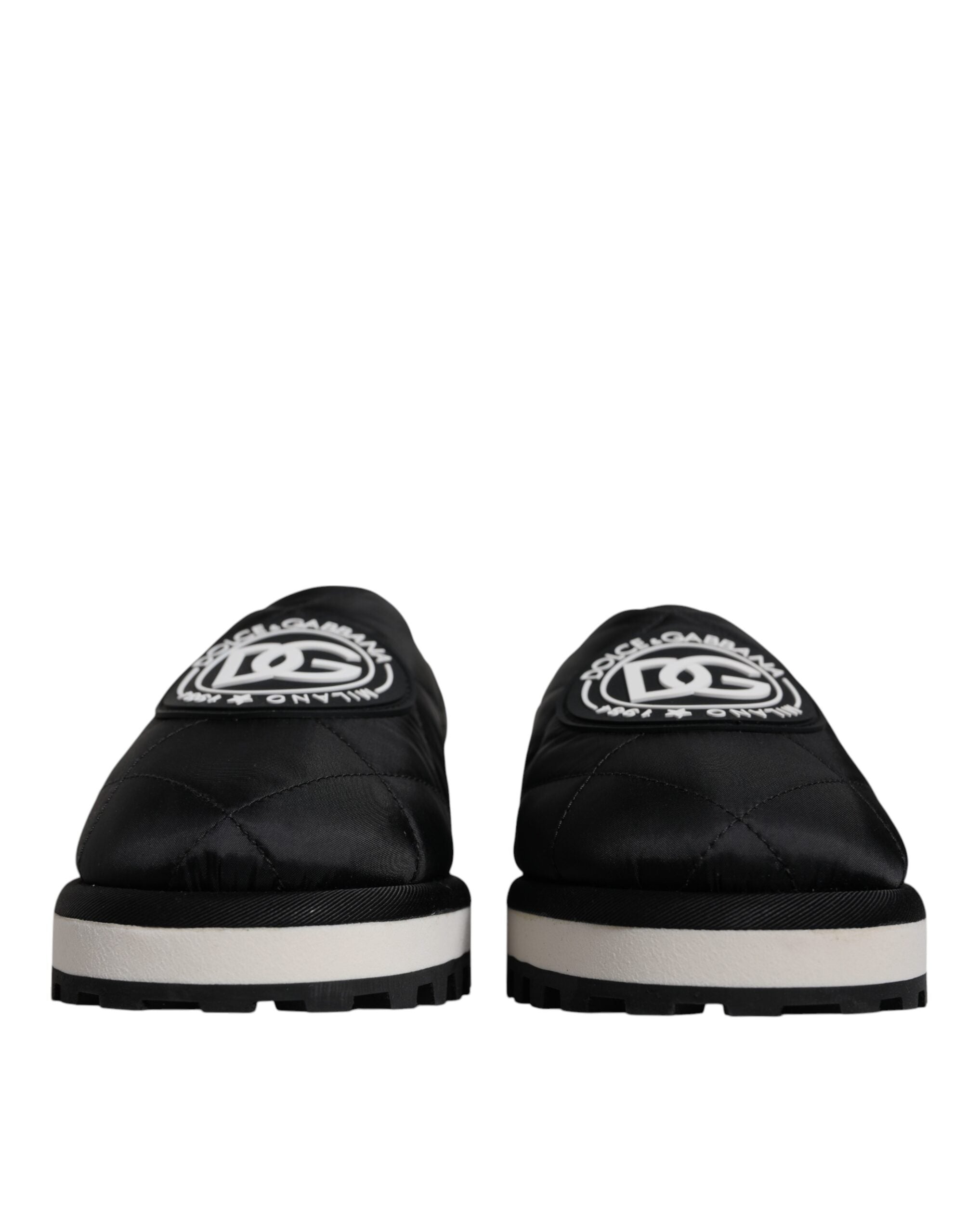 Dolce & Gabbana Schwarze Nylon Gesteppte Logo-Patch Sandalen Pantoletten Schuhe