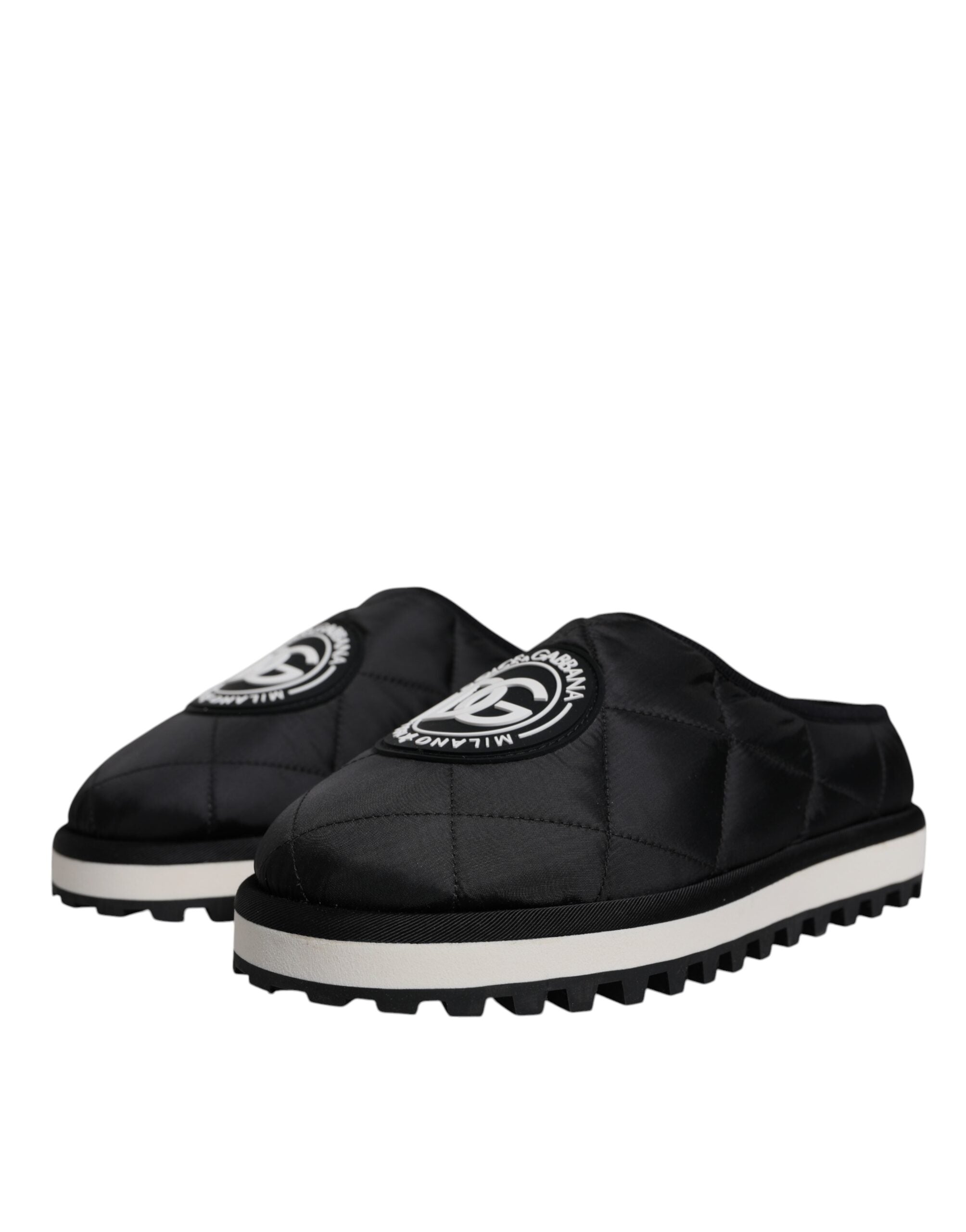 Dolce & Gabbana Schwarze Nylon Gesteppte Logo-Patch Sandalen Pantoletten Schuhe