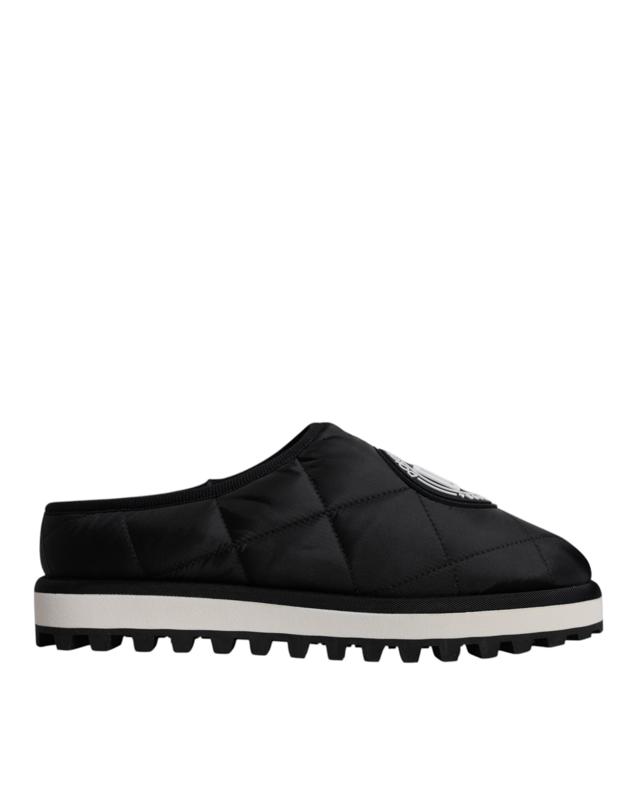 Dolce & Gabbana Schwarze Nylon Gesteppte Logo-Patch Sandalen Pantoletten Schuhe