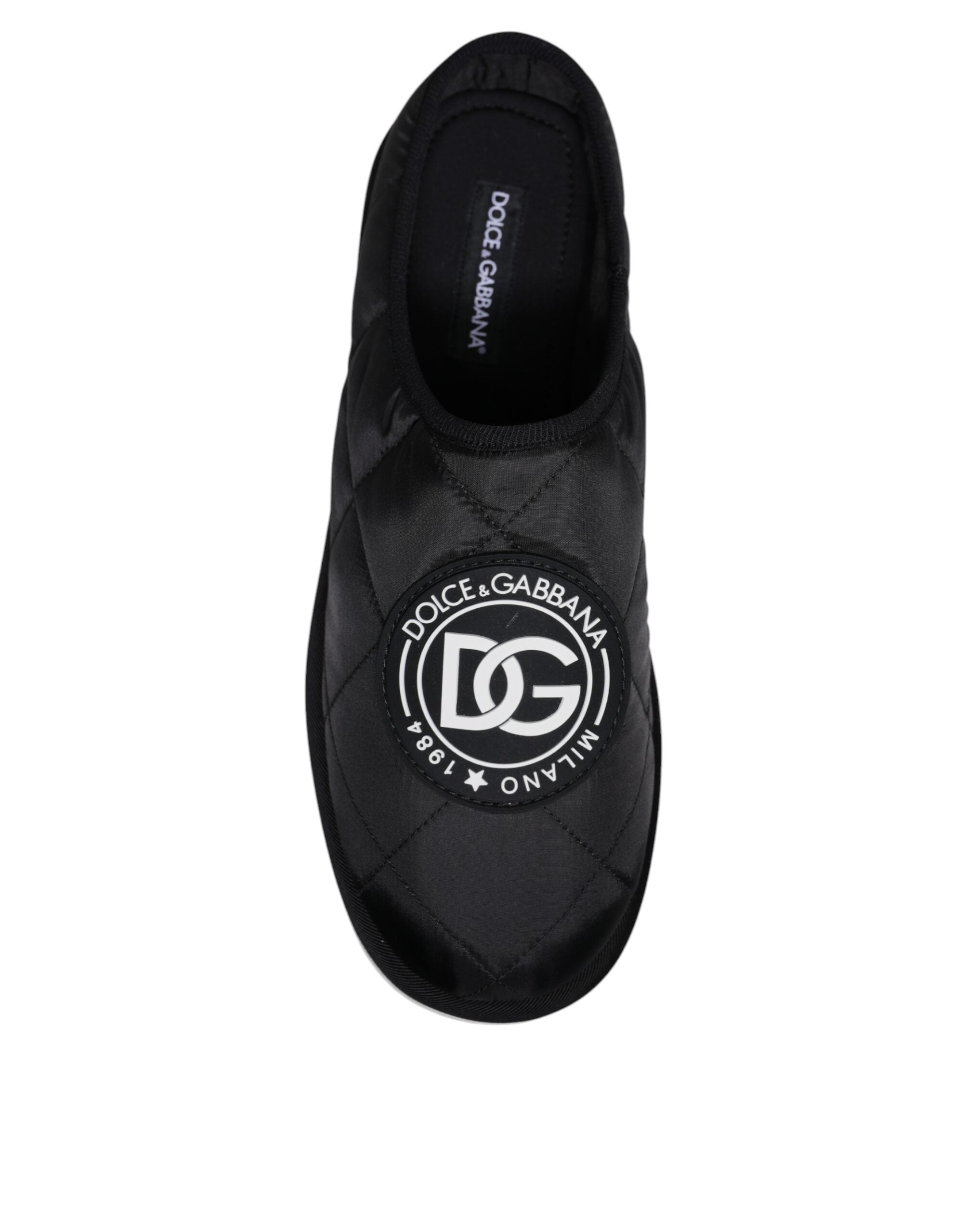Dolce & Gabbana Schwarze Nylon Gesteppte Logo-Patch Sandalen Pantoletten Schuhe