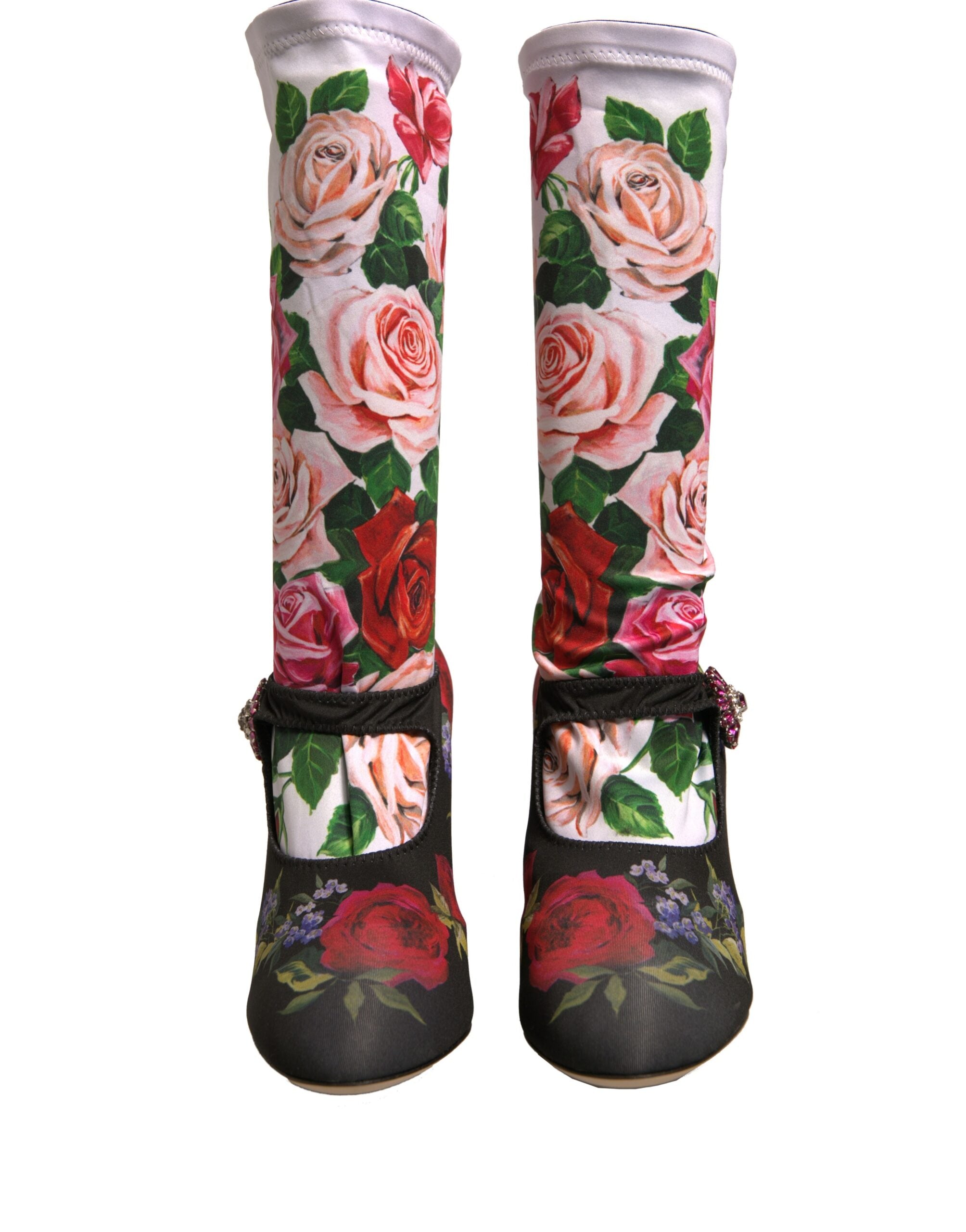 Dolce & Gabbana Zwarte Gebloemde Sokken Kristallen Laarzen Jersey Schoenen