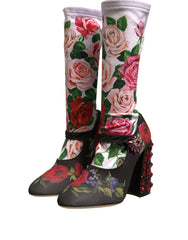 Dolce & Gabbana Zwarte Gebloemde Sokken Kristallen Laarzen Jersey Schoenen