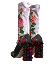 Dolce & Gabbana Zwarte Gebloemde Sokken Kristallen Laarzen Jersey Schoenen