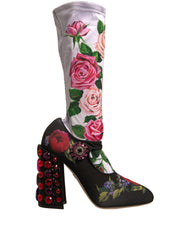 Dolce & Gabbana Zwarte Gebloemde Sokken Kristallen Laarzen Jersey Schoenen