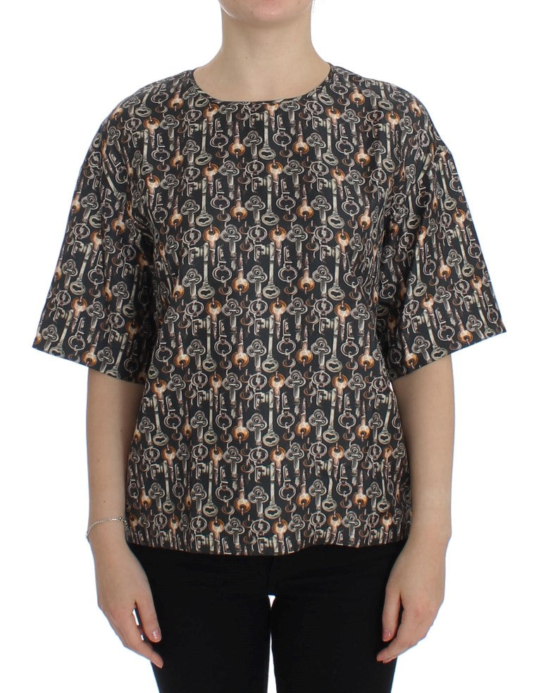 Dolce & Gabbana Graues Seidenbluse T-Shirt mit Goldschlüssel-Print
