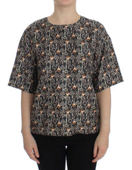 Dolce & Gabbana Graues Seidenbluse T-Shirt mit Goldschlüssel-Print