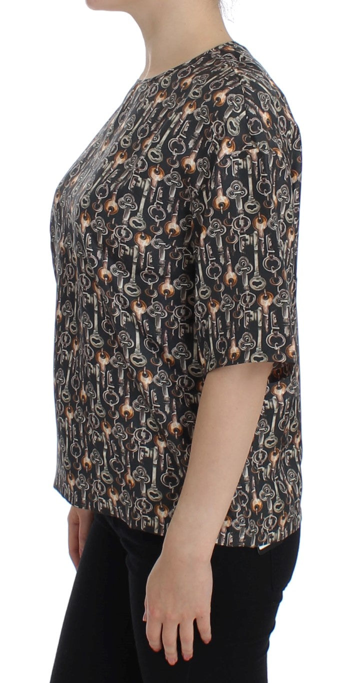 Dolce & Gabbana Graues Seidenbluse T-Shirt mit Goldschlüssel-Print