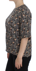 Dolce & Gabbana Graues Seidenbluse T-Shirt mit Goldschlüssel-Print