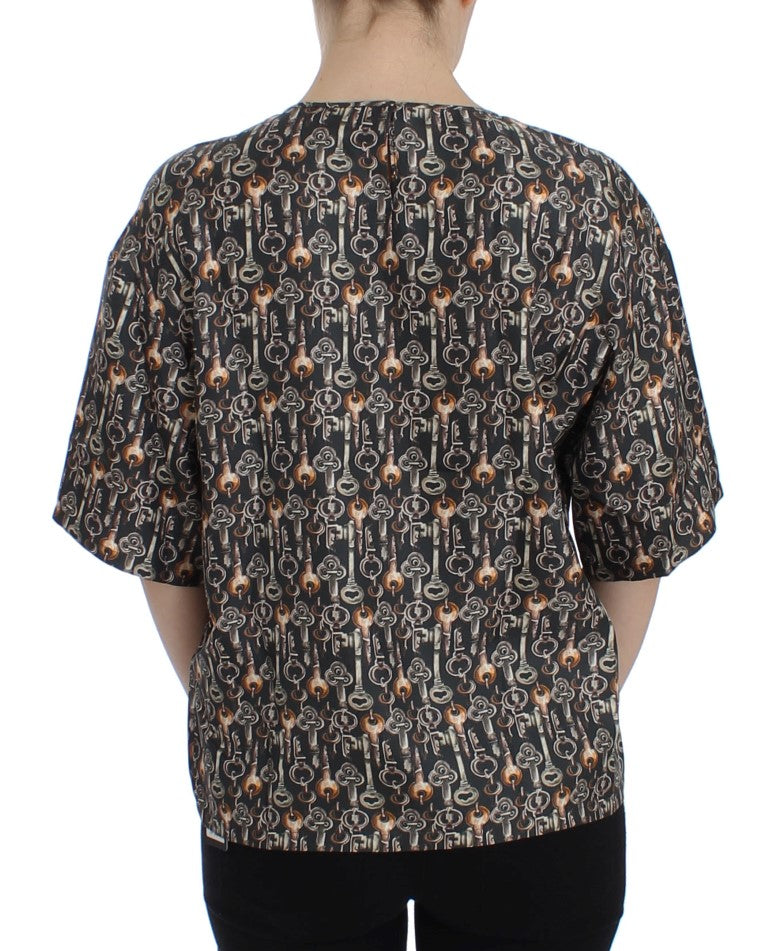 Dolce & Gabbana Graues Seidenbluse T-Shirt mit Goldschlüssel-Print