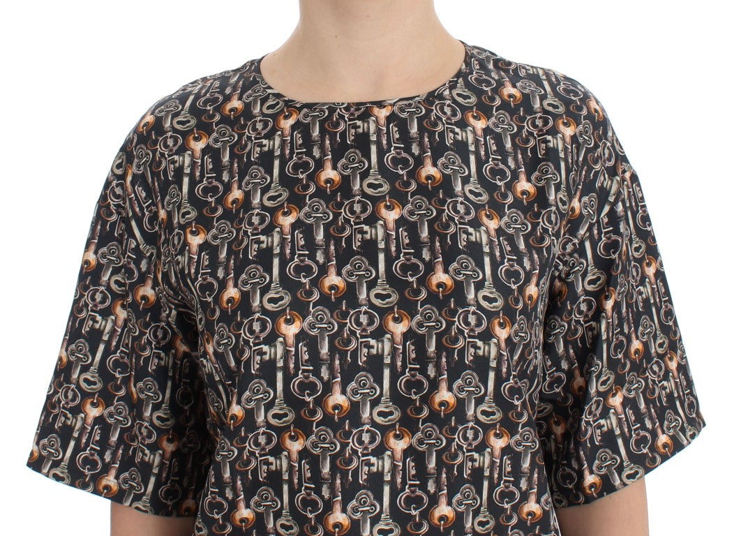 Dolce & Gabbana Graues Seidenbluse T-Shirt mit Goldschlüssel-Print