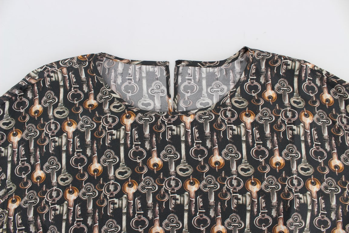 Dolce & Gabbana Graues Seidenbluse T-Shirt mit Goldschlüssel-Print