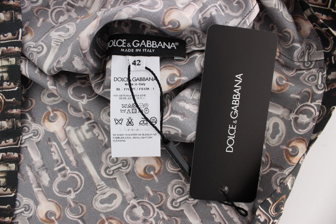 Dolce & Gabbana Graues Seidenbluse T-Shirt mit Goldschlüssel-Print