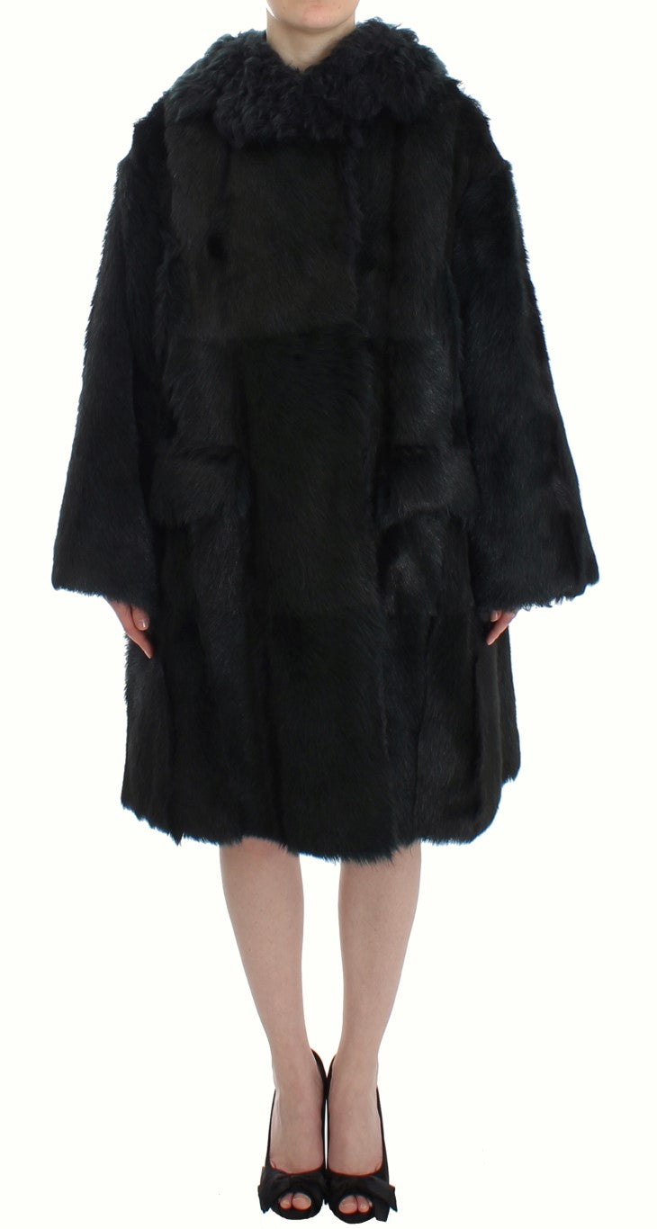 Dolce & Gabbana Zwarte Geitenbont Lamsvacht Lange Jas