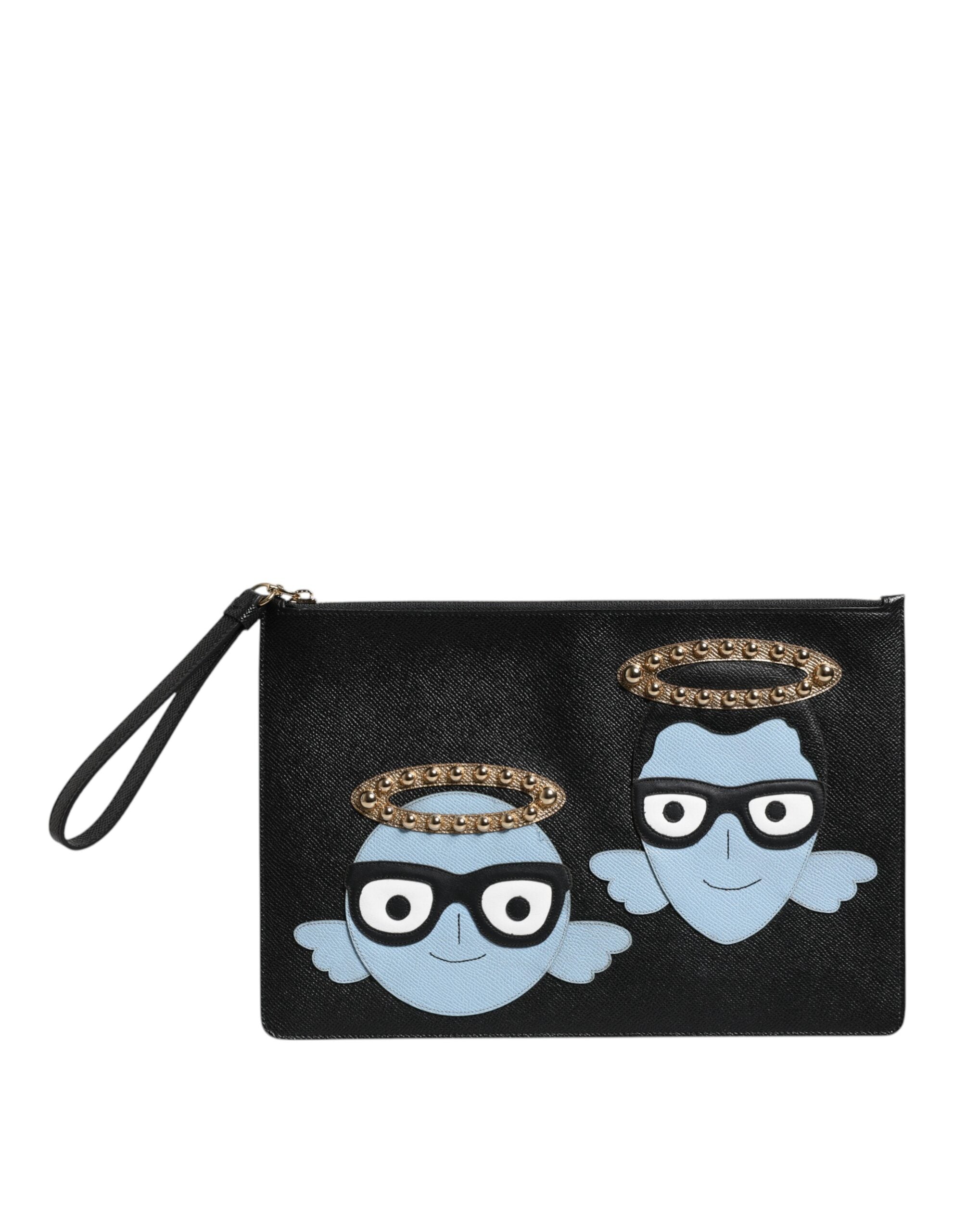 Dolce & Gabbana Zwart Leren #DGFAMILY Versierde Mannen Rits Pouch Tas