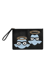 Dolce & Gabbana Zwart Leren #DGFAMILY Versierde Mannen Rits Pouch Tas