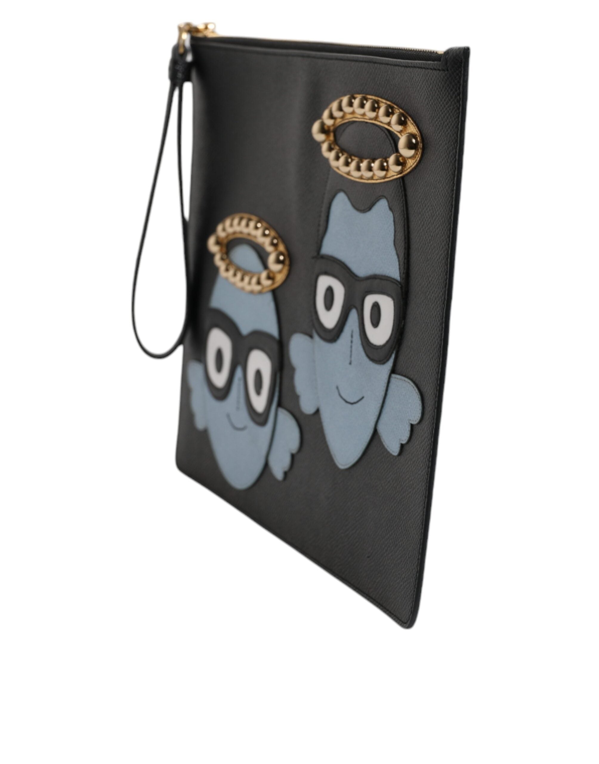 Dolce & Gabbana Zwart Leren #DGFAMILY Versierde Mannen Rits Pouch Tas