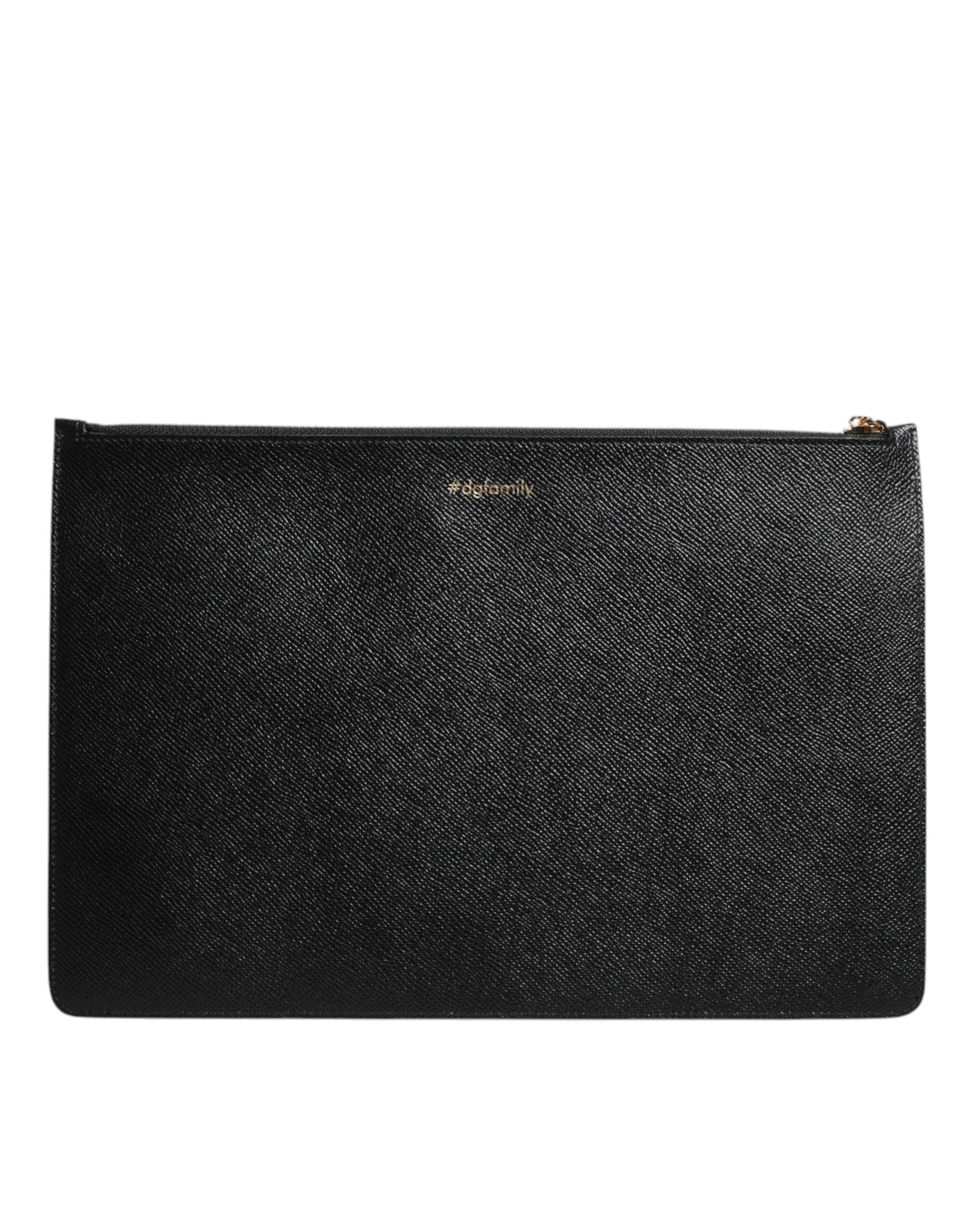 Dolce & Gabbana Zwart Leren #DGFAMILY Versierde Mannen Rits Pouch Tas