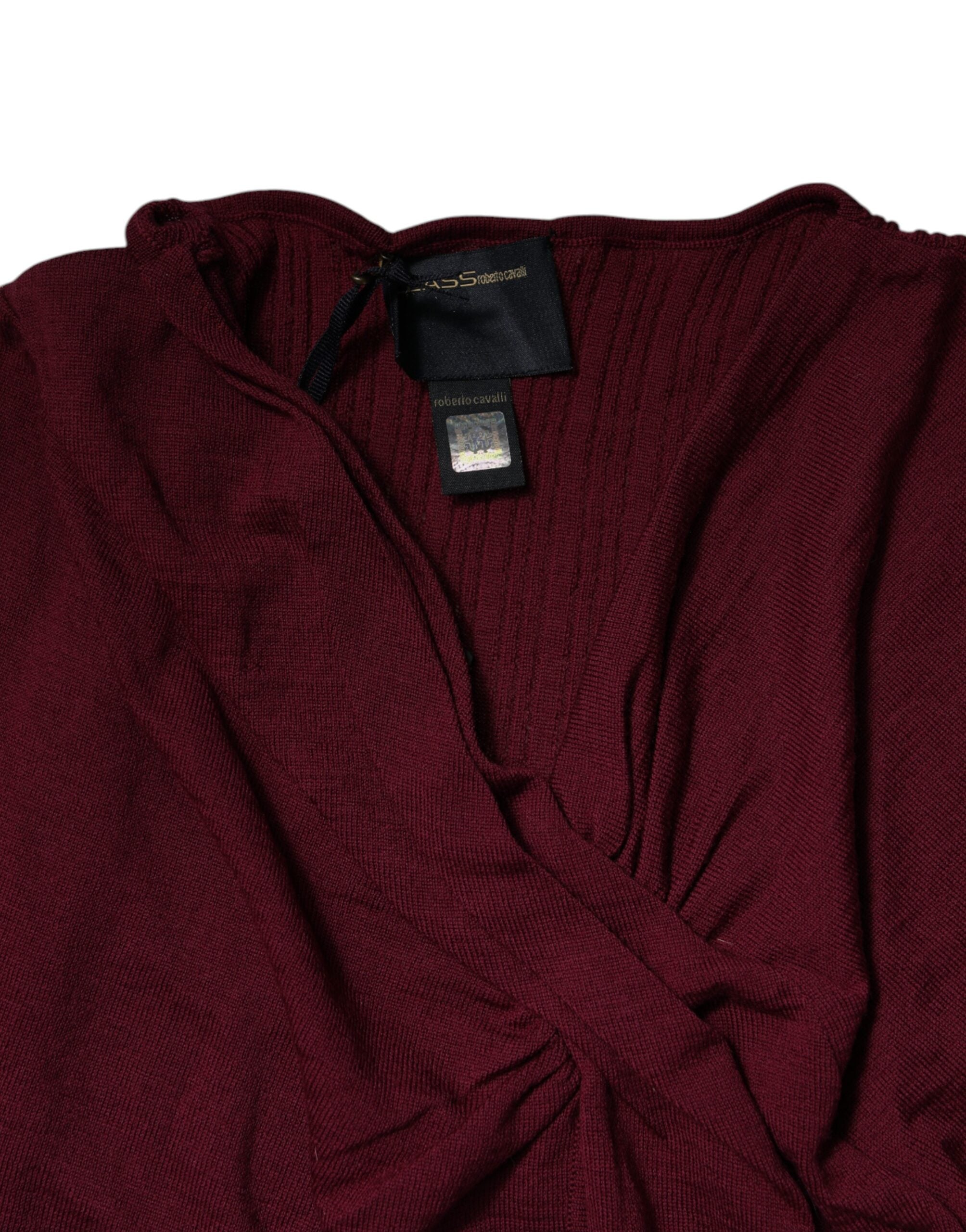 Roberto Cavalli Bordeauxfarbener Pullover mit Schlüsselloch-Strickmuster