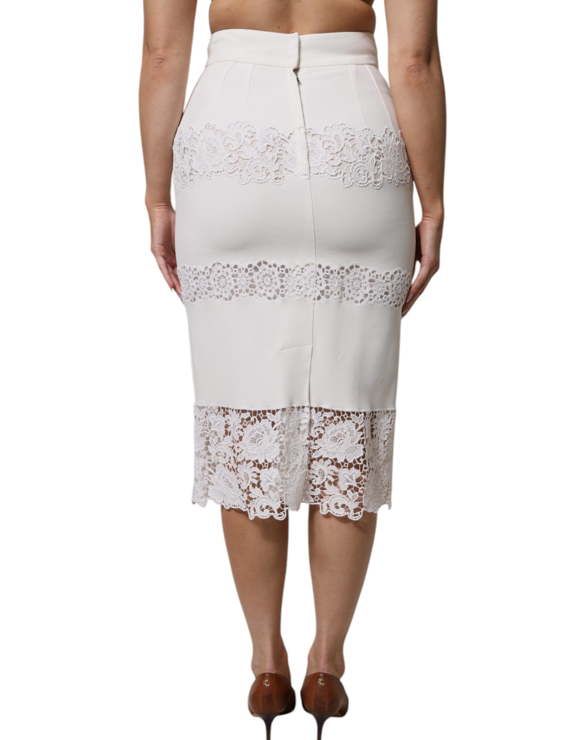 Dolce & Gabbana Weißer floraler Spitzenrock mit hoher Taille und Bleistiftschnitt