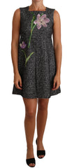 Dolce & Gabbana Grijze Houndstooth Shift Mini Jurk met Bloemenapplicatie