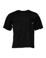 Dolce & Gabbana Schwarzes T-Shirt aus Baumwolle mit Logo-Patch und Rundhalsausschnitt