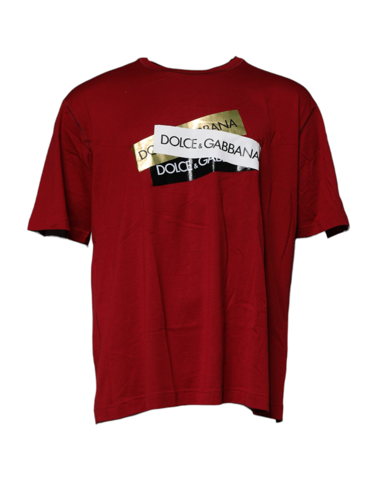 Dolce & Gabbana Rotes Baumwoll-T-Shirt mit Logo-Band und Rundhalsausschnitt