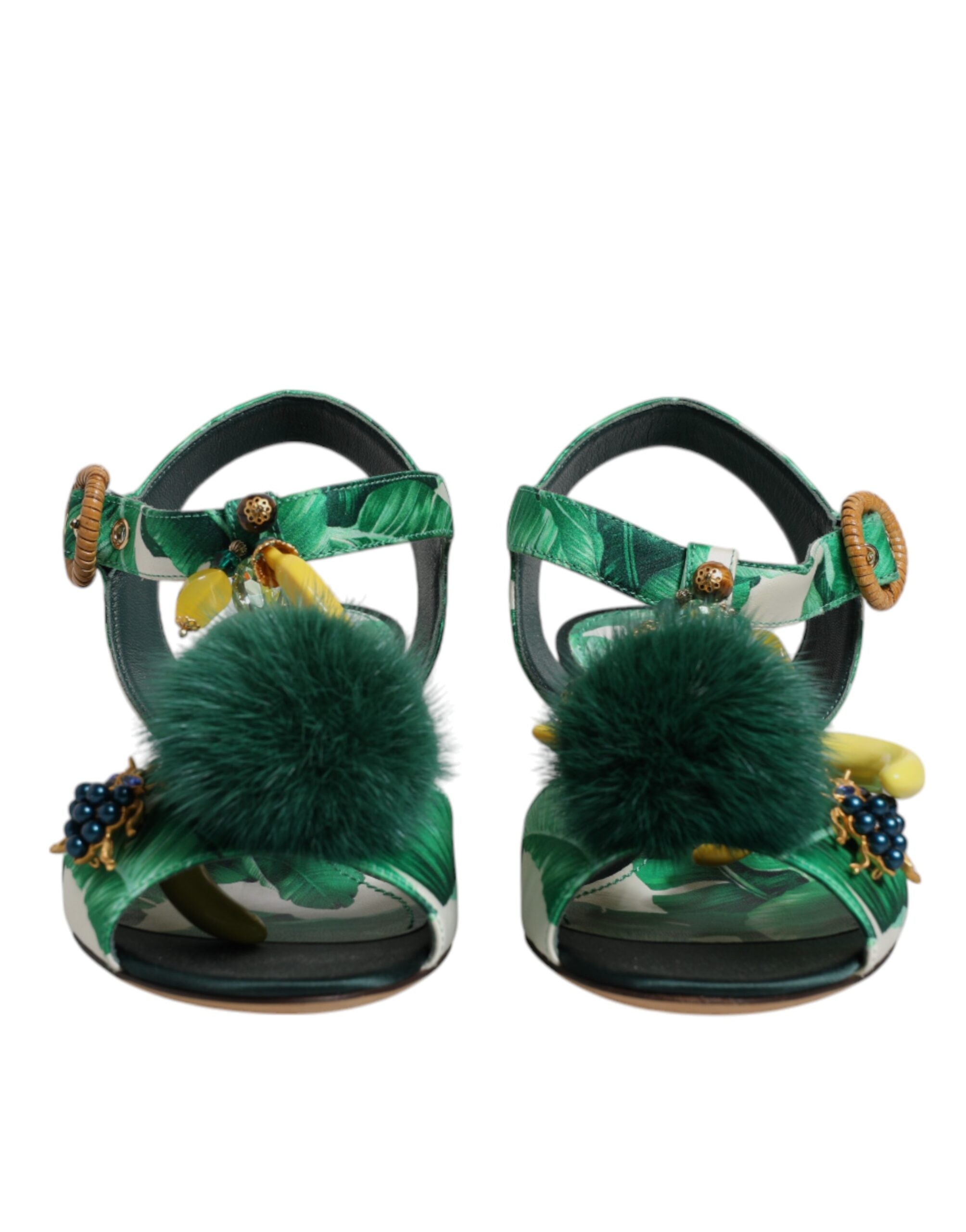 Dolce & Gabbana Grüne Kristallbesetzte Pelz-Sandalen