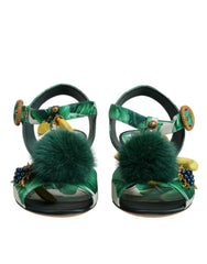 Dolce & Gabbana Grüne Kristallbesetzte Pelz-Sandalen