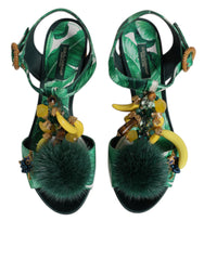 Dolce & Gabbana Grüne Kristallbesetzte Pelz-Sandalen