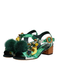 Dolce & Gabbana Grüne Kristallbesetzte Pelz-Sandalen
