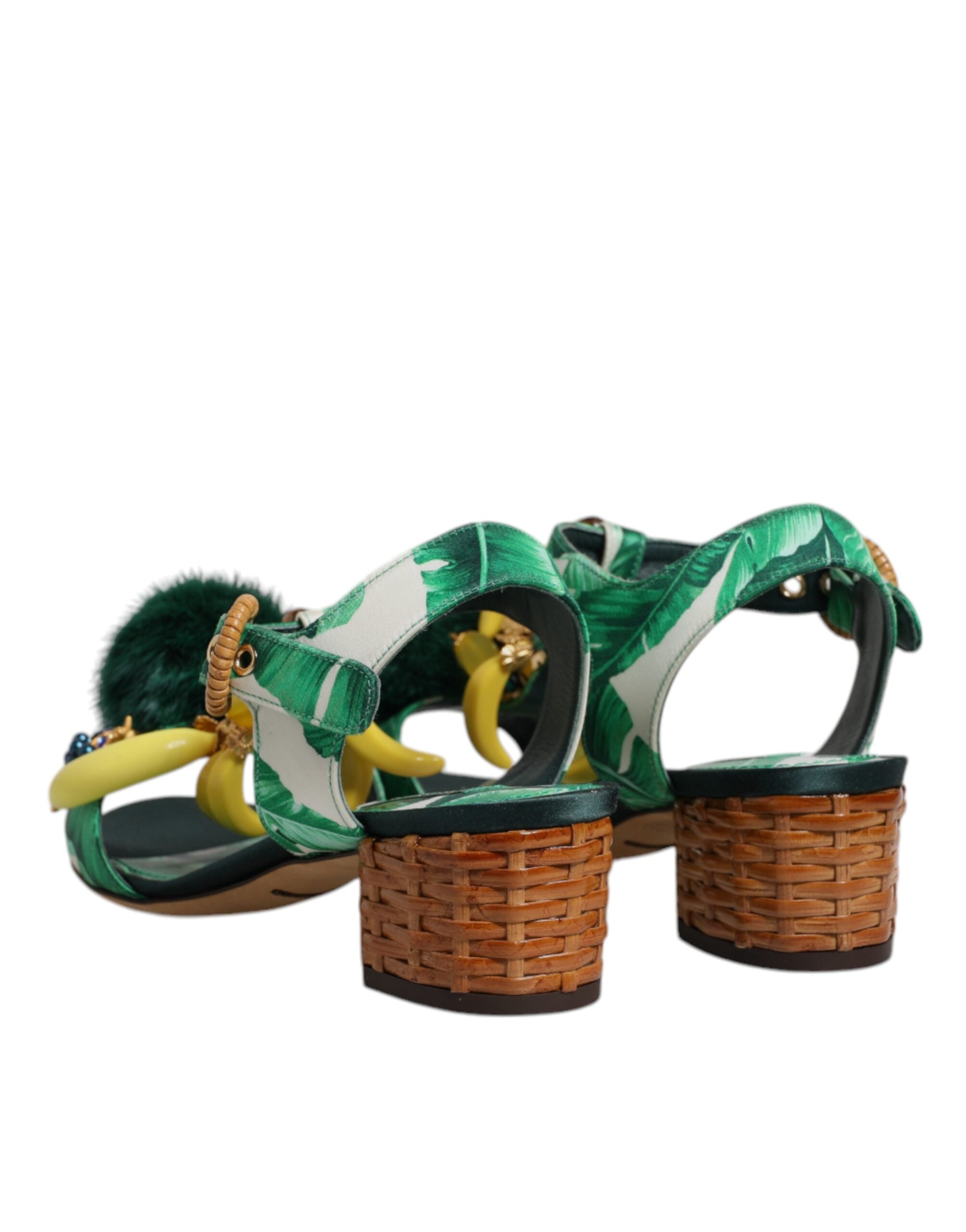 Dolce & Gabbana Grüne Kristallbesetzte Pelz-Sandalen
