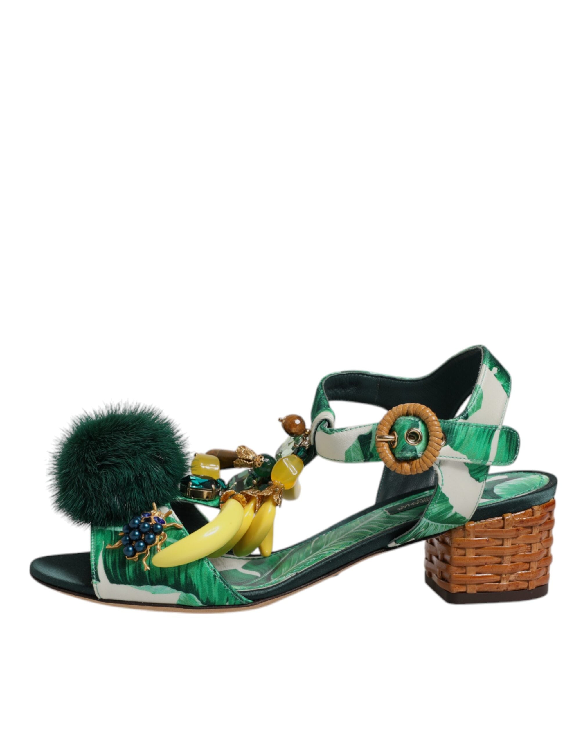 Dolce & Gabbana Grüne Kristallbesetzte Pelz-Sandalen